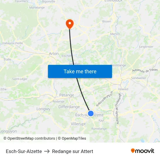 Esch-Sur-Alzette to Redange sur Attert map