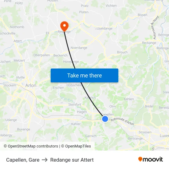 Capellen, Gare to Redange sur Attert map