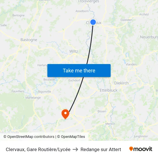 Clervaux, Gare Routière/Lycée to Redange sur Attert map