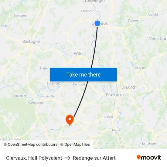 Clervaux, Hall Polyvalent to Redange sur Attert map