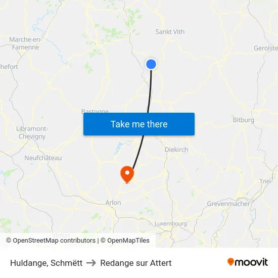 Huldange, Schmëtt to Redange sur Attert map