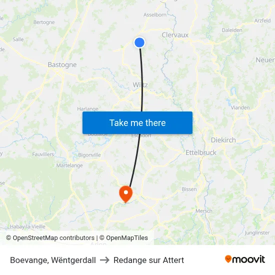 Boevange, Wëntgerdall to Redange sur Attert map