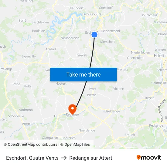 Eschdorf, Quatre Vents to Redange sur Attert map