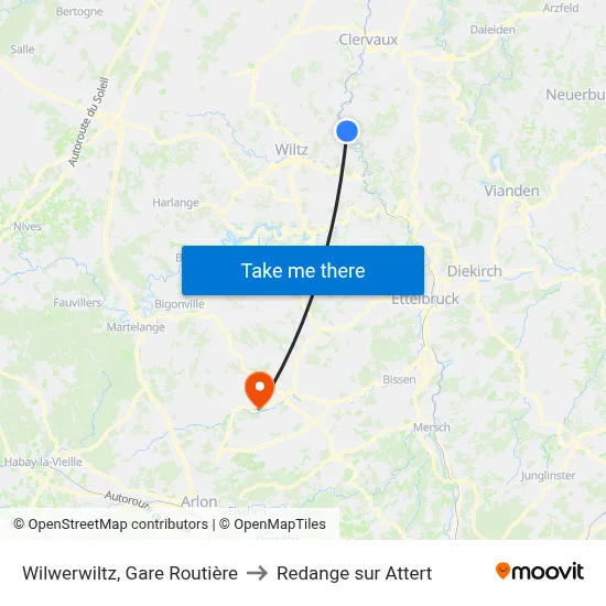 Wilwerwiltz, Gare Routière to Redange sur Attert map