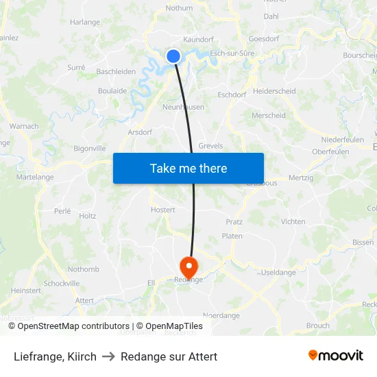 Liefrange, Kiirch to Redange sur Attert map