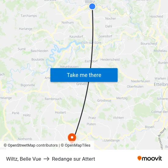 Wiltz, Belle Vue to Redange sur Attert map