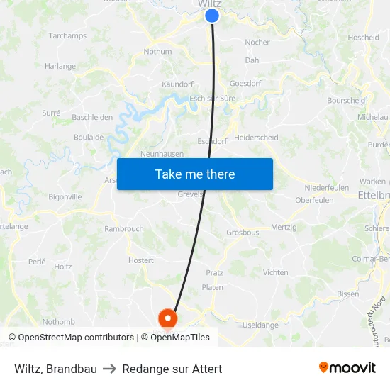 Wiltz, Brandbau to Redange sur Attert map