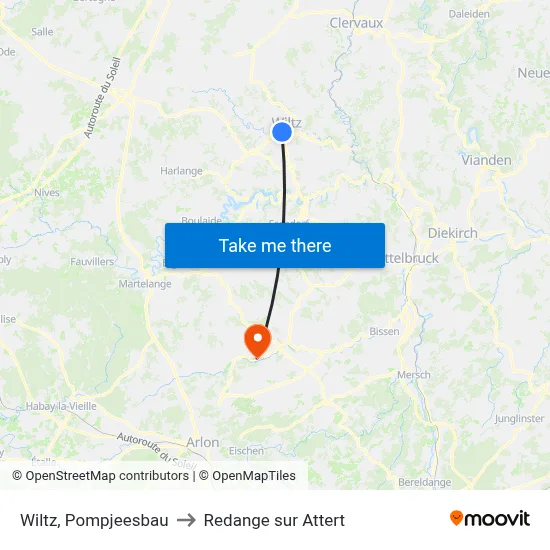 Wiltz, Pompjeesbau to Redange sur Attert map