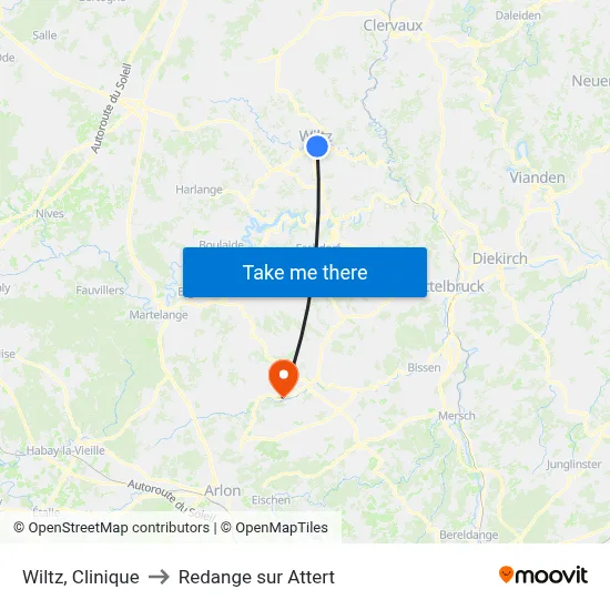 Wiltz, Clinique to Redange sur Attert map