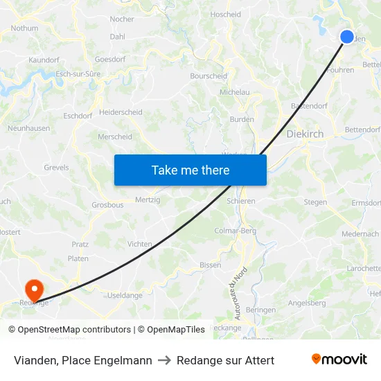Vianden, Place Engelmann to Redange sur Attert map