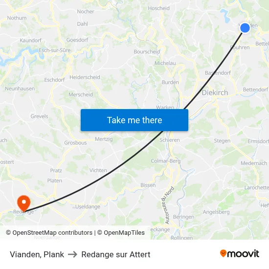 Vianden, Plank to Redange sur Attert map