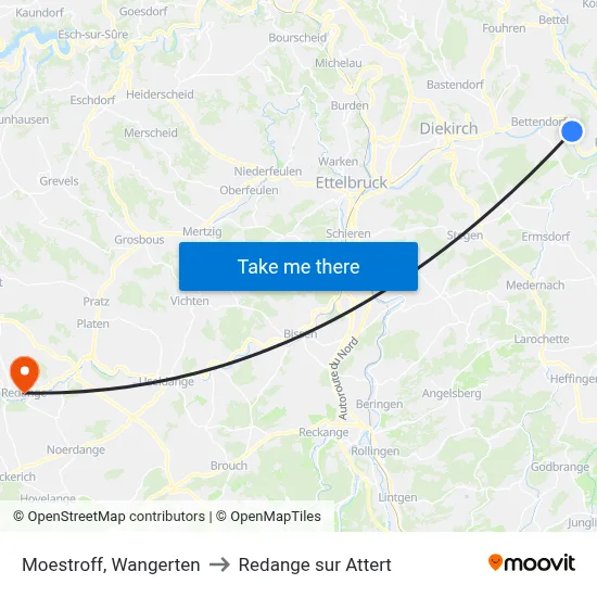 Moestroff, Wangerten to Redange sur Attert map