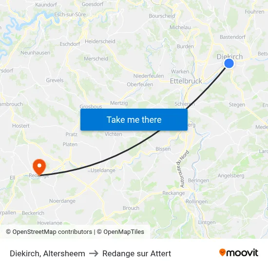 Diekirch, Altersheem to Redange sur Attert map