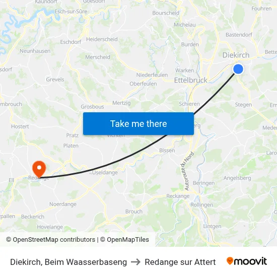 Diekirch, Beim Waasserbaseng to Redange sur Attert map