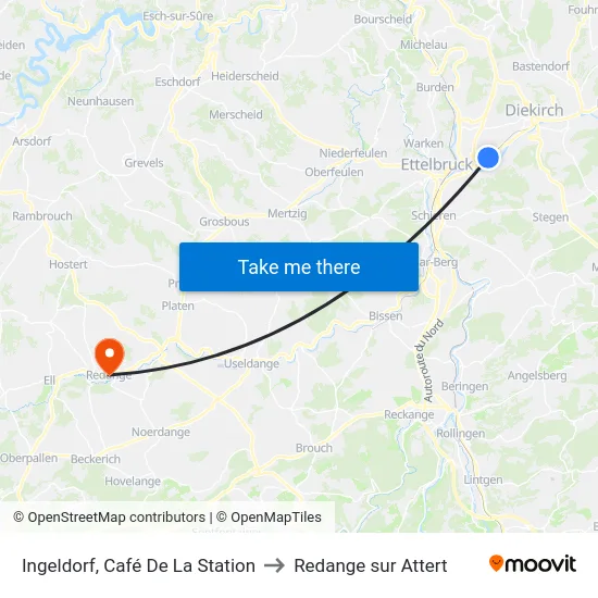 Ingeldorf, Café De La Station to Redange sur Attert map