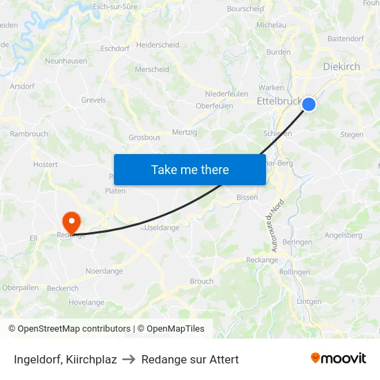 Ingeldorf, Kiirchplaz to Redange sur Attert map