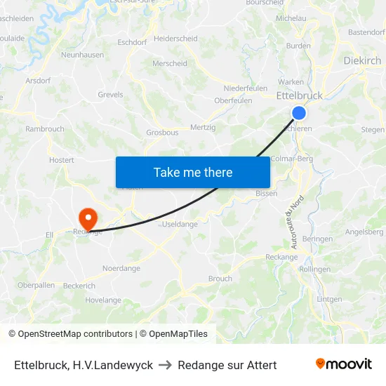 Ettelbruck, H.V.Landewyck to Redange sur Attert map