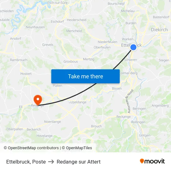 Ettelbruck, Poste to Redange sur Attert map