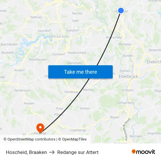 Hoscheid, Braaken to Redange sur Attert map