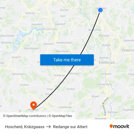 Hoscheid, Kräizgaass to Redange sur Attert map
