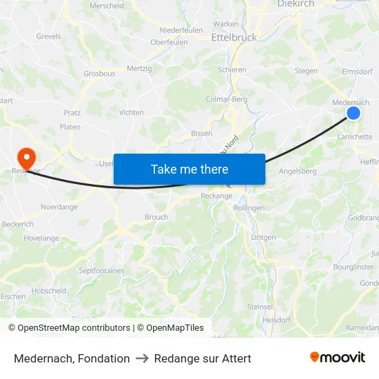 Medernach, Fondation to Redange sur Attert map