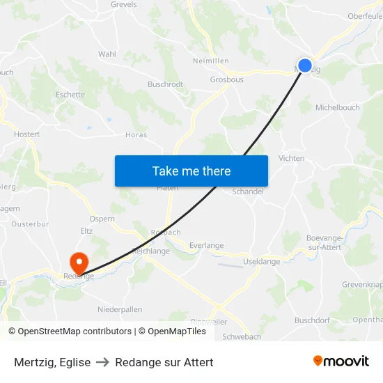 Mertzig, Eglise to Redange sur Attert map