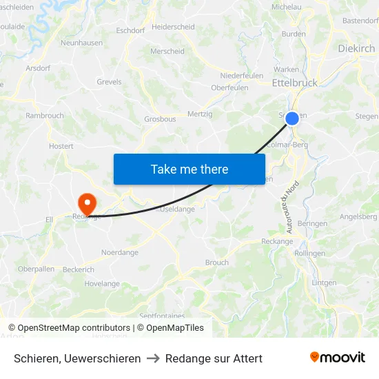 Schieren, Uewerschieren to Redange sur Attert map