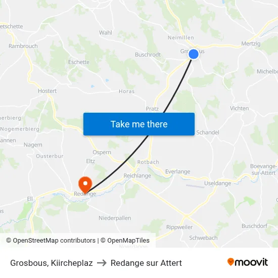 Grosbous, Kiircheplaz to Redange sur Attert map