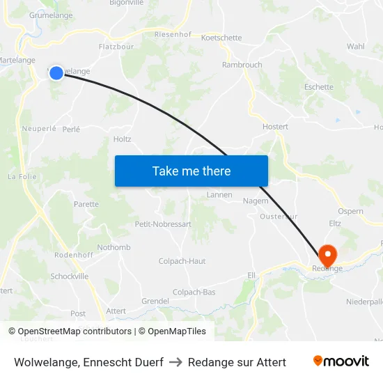 Wolwelange, Ennescht Duerf to Redange sur Attert map