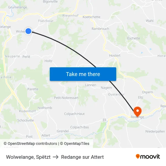 Wolwelange, Spëtzt to Redange sur Attert map
