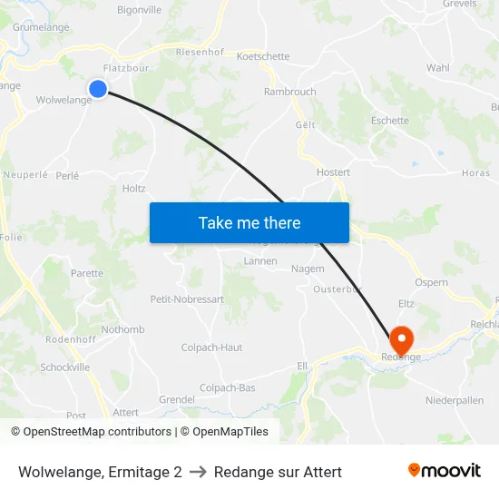 Wolwelange, Ermitage 2 to Redange sur Attert map