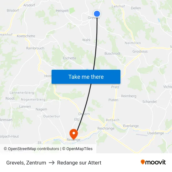 Grevels, Zentrum to Redange sur Attert map