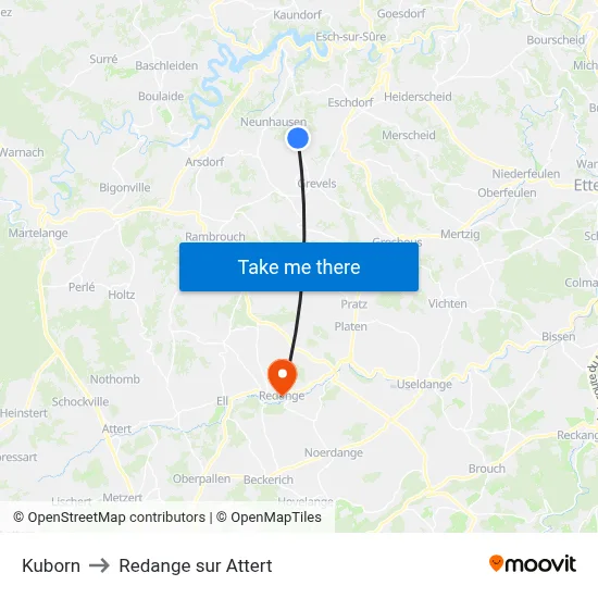 Kuborn to Redange sur Attert map