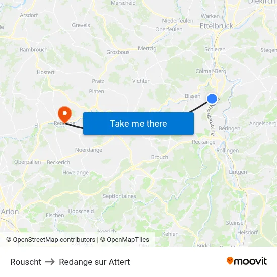 Rouscht to Redange sur Attert map