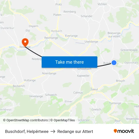 Buschdorf, Helpërtwee to Redange sur Attert map