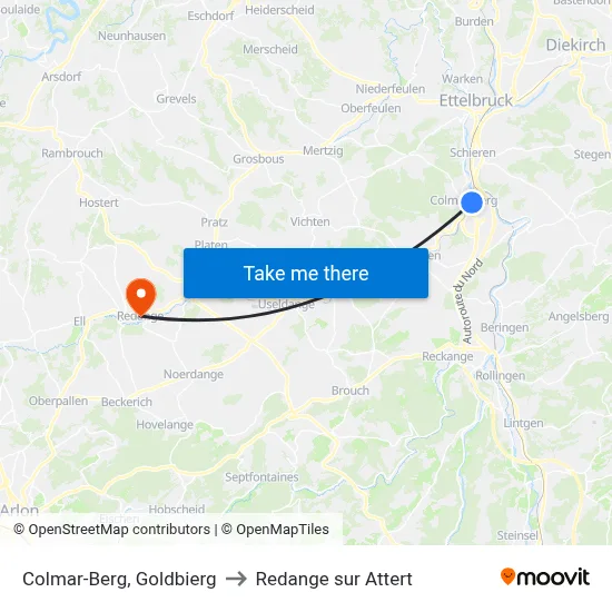 Colmar-Berg, Goldbierg to Redange sur Attert map