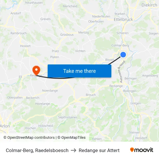Colmar-Berg, Raedelsboesch to Redange sur Attert map