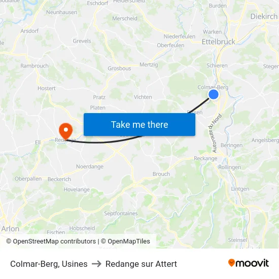 Colmar-Berg, Usines to Redange sur Attert map