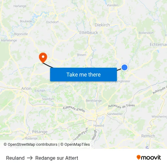 Reuland to Redange sur Attert map