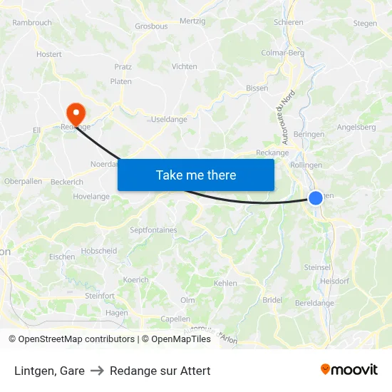 Lintgen, Gare to Redange sur Attert map