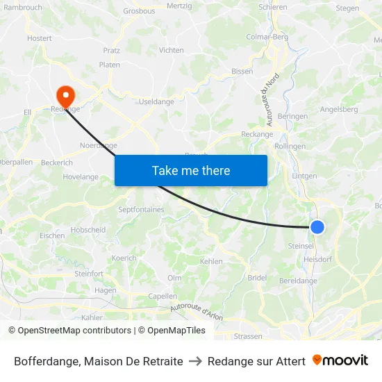 Bofferdange, Maison De Retraite to Redange sur Attert map