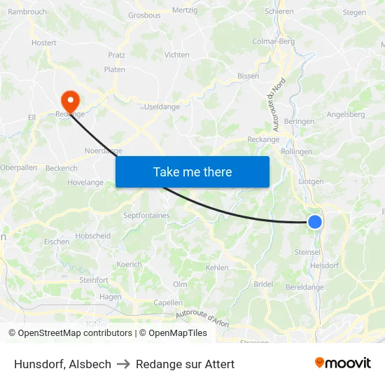 Hunsdorf, Alsbech to Redange sur Attert map