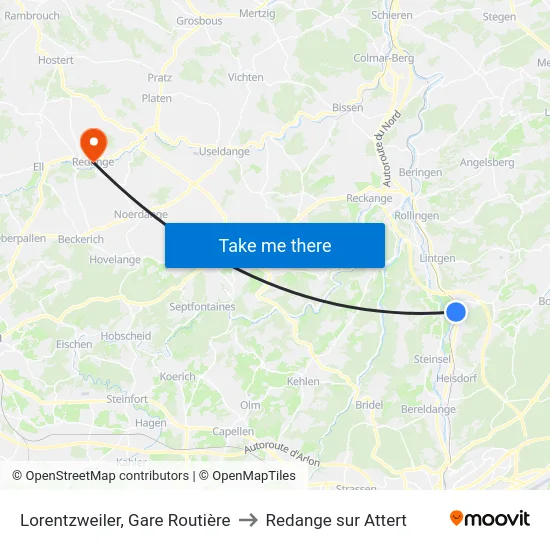 Lorentzweiler, Gare Routière to Redange sur Attert map