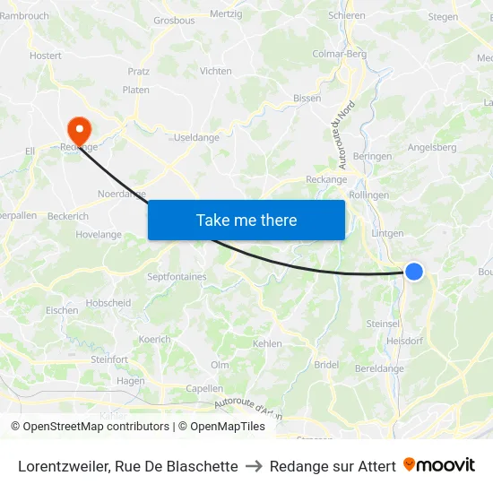 Lorentzweiler, Rue De Blaschette to Redange sur Attert map
