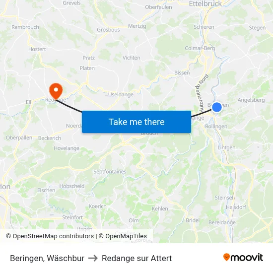 Beringen, Wäschbur to Redange sur Attert map