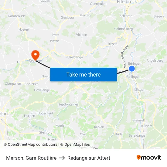 Mersch, Gare Routière to Redange sur Attert map