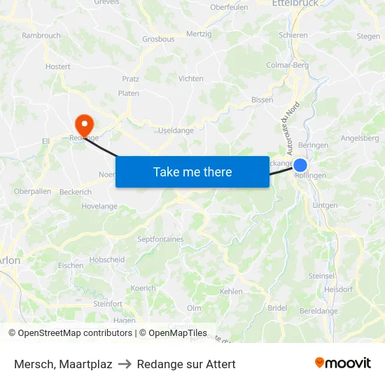 Mersch, Maartplaz to Redange sur Attert map
