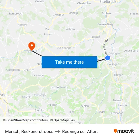 Mersch, Reckenerstrooss to Redange sur Attert map