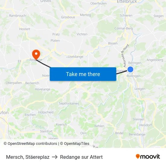 Mersch, Stäereplaz to Redange sur Attert map