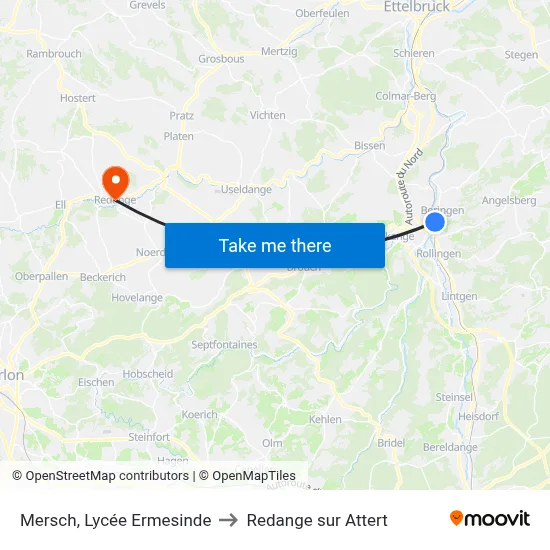 Mersch, Lycée Ermesinde to Redange sur Attert map